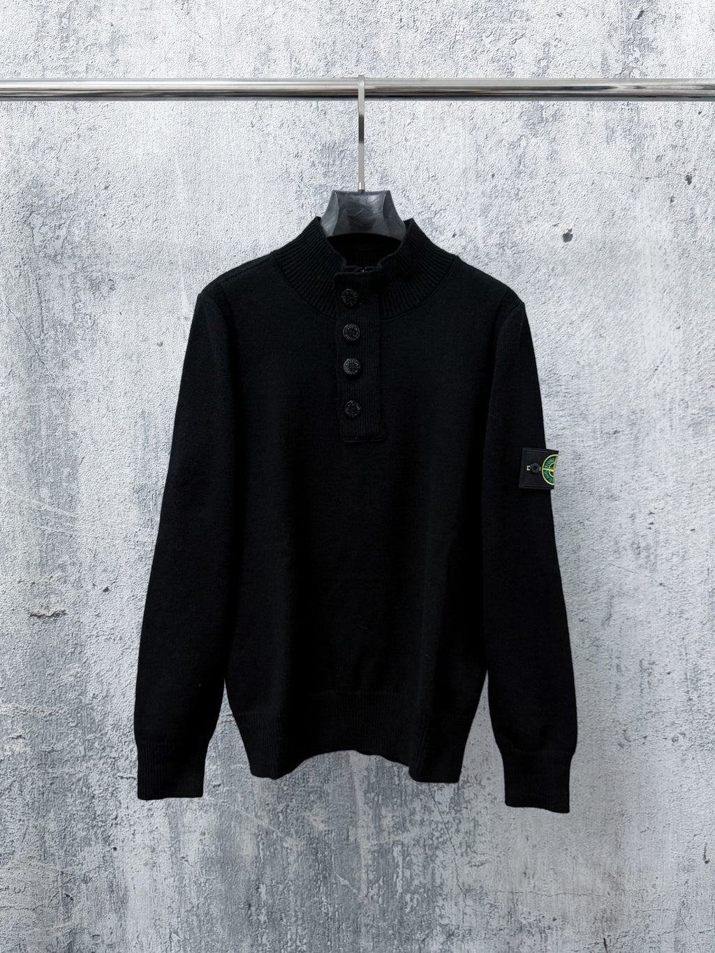 Stone Island Wool Knit Half-Button Mock Neck Sweater with Compass Badge on Sleeve