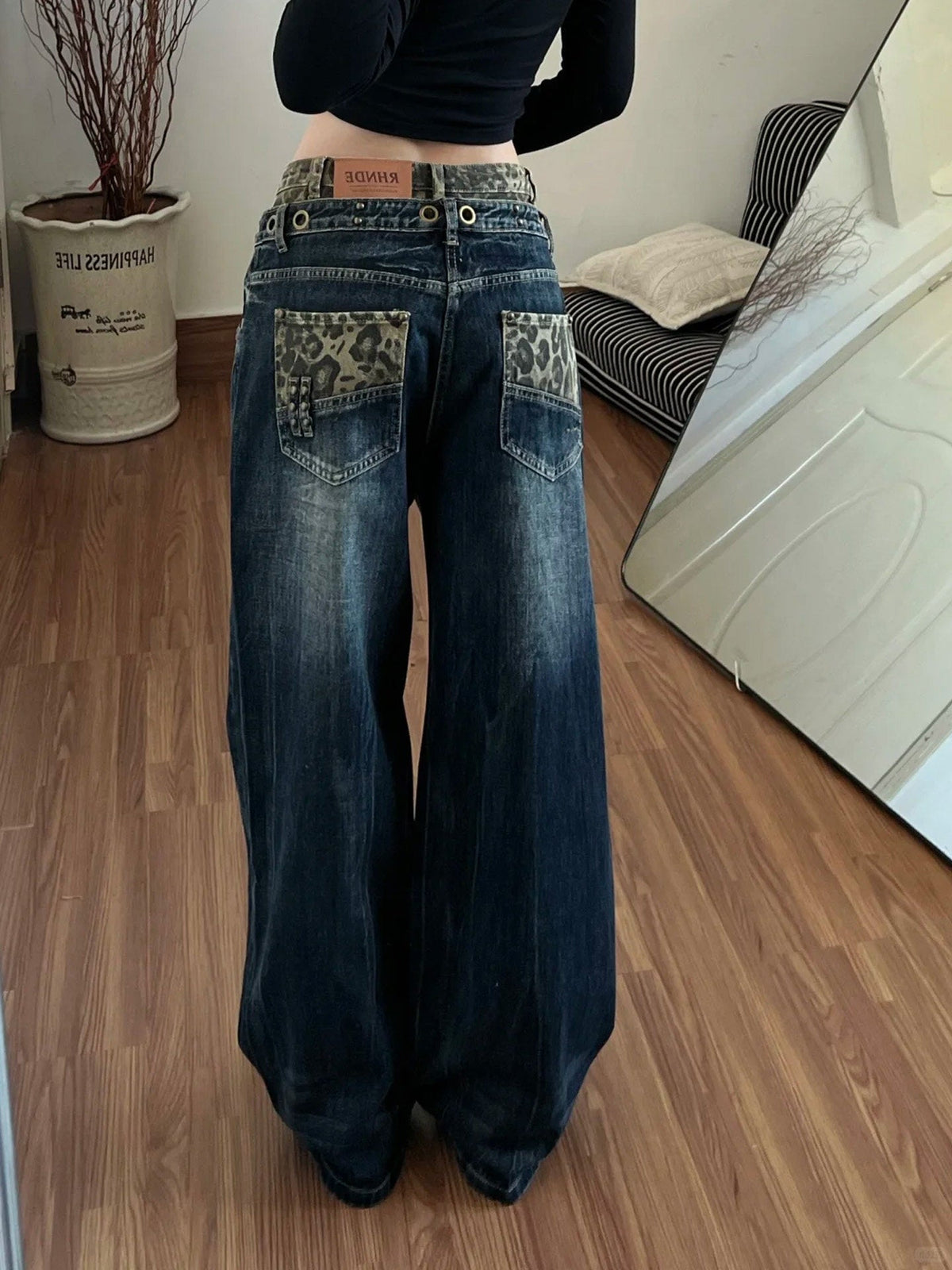 American Vintage Leopard Patchwork High Waist Wide Leg Denim Jeans