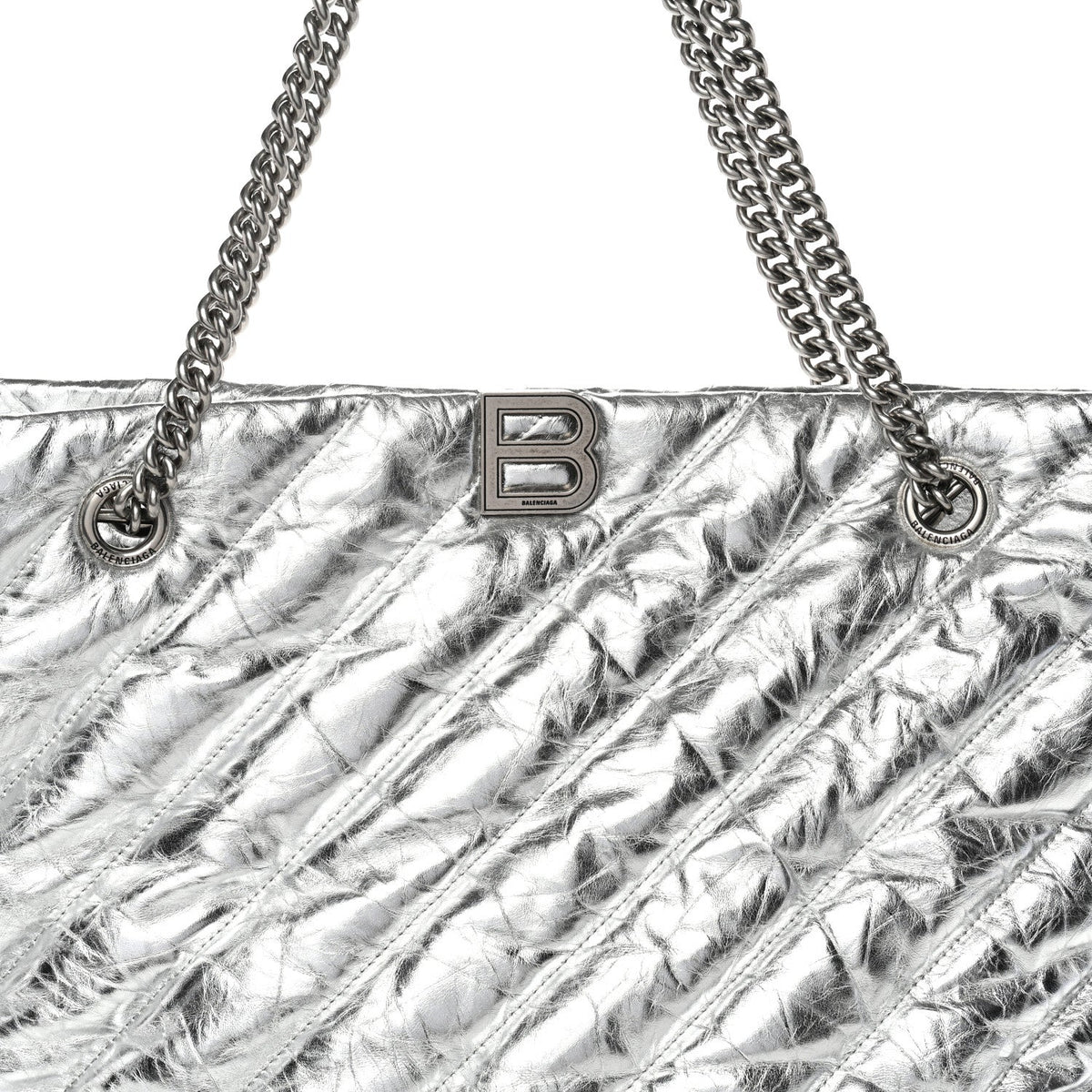 Metallic Crushed Calfskin Quilted Medium Crush Carry All Tote Bag Silver