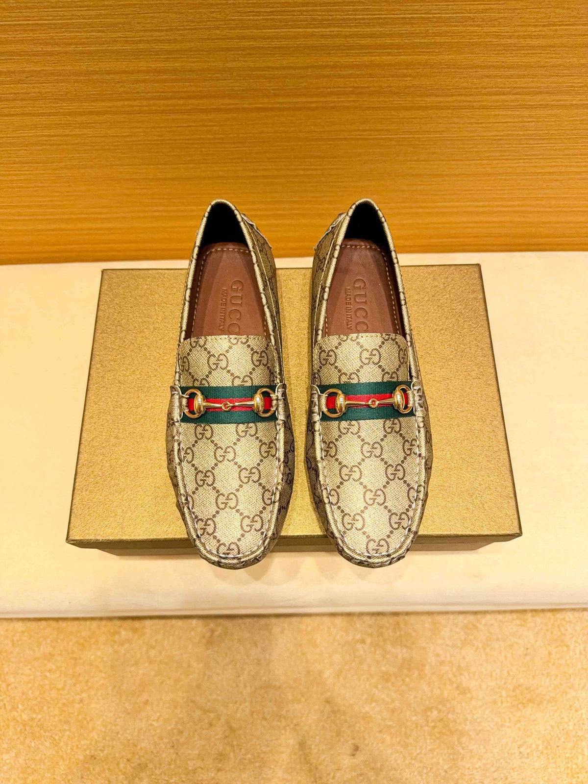 Gucci Beige Tan Monogram Horsebit Loafers