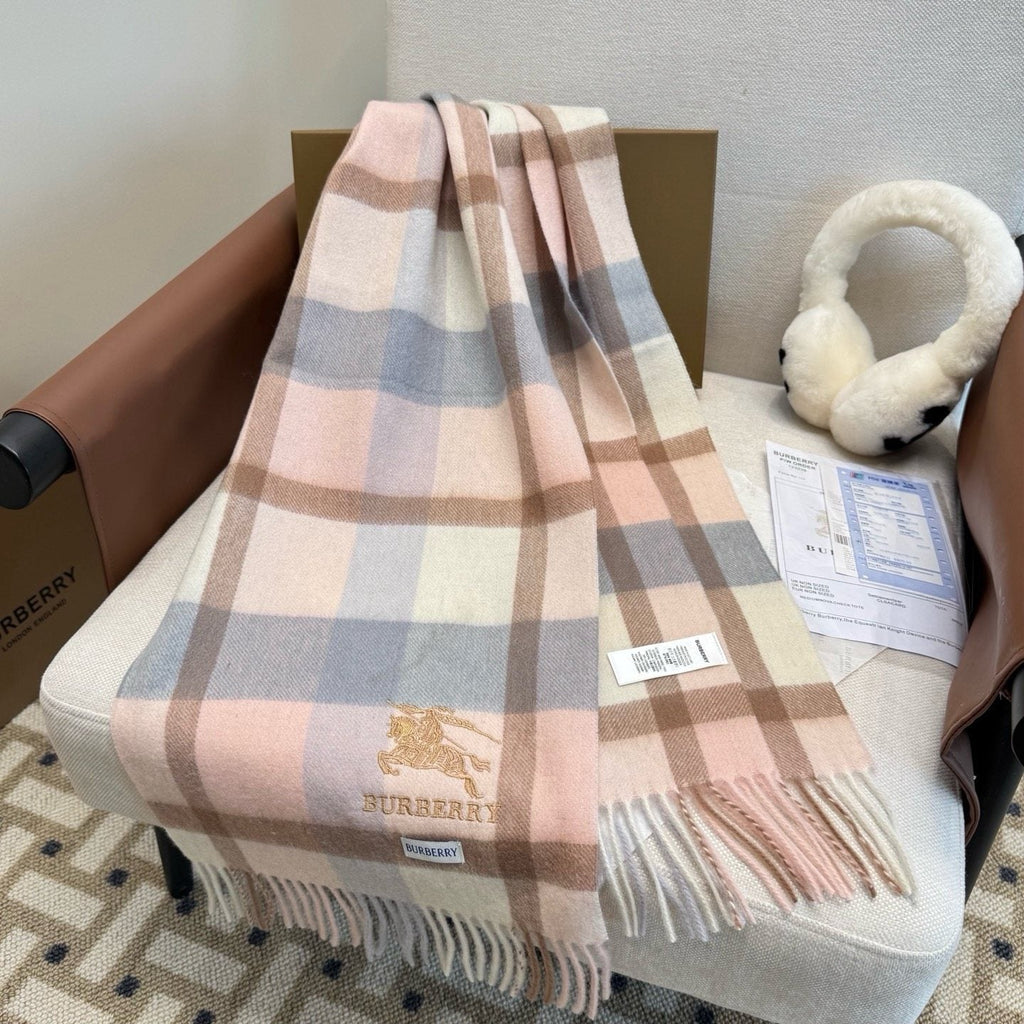 Burberry Cream Taupe Check Fringed Scarf